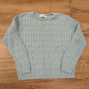VTG Orvis Women Large Cable Knit Sweater Fisherman 3D Light Blue Granny Grandma